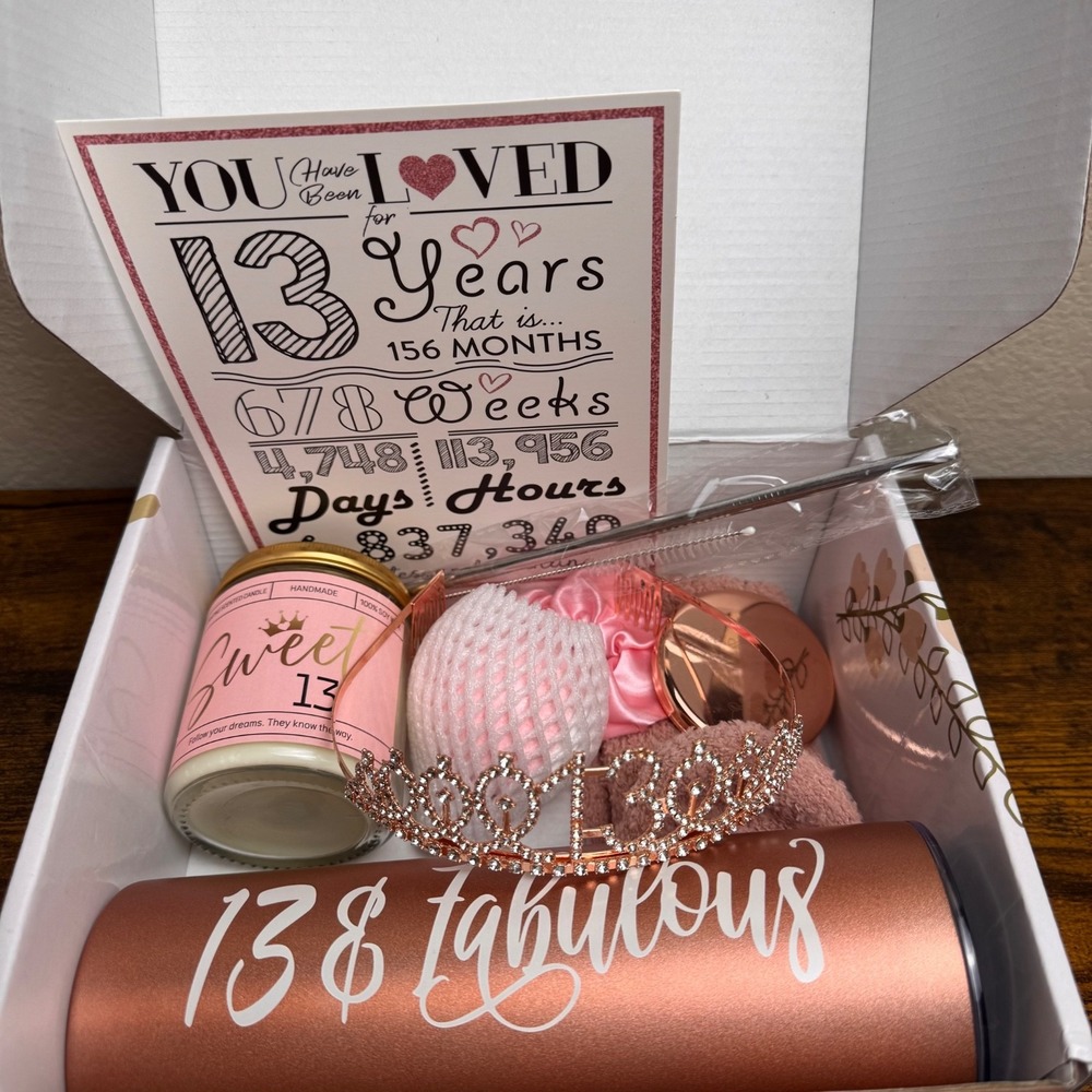 Happy 13th Birthday Gift Box Set Rose‎ Gold Tumbler Tiara Candle Spa Gift